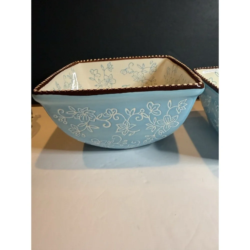 Temp-tations by Tara Floral Lace Blue Square Nesting Bowls Set 1 & 1.5 Qt